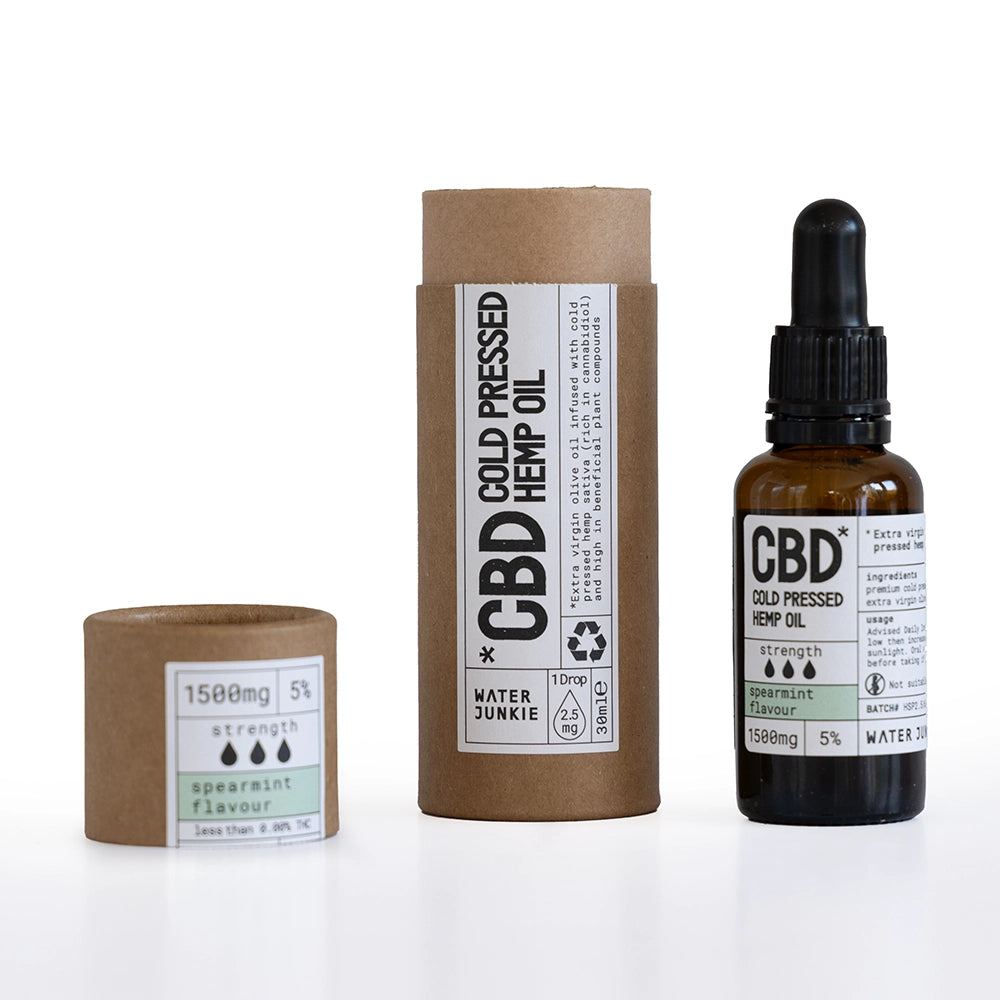 Cold Pressed CBD Oil 1500 mg in spearmint flavour next to product packaging