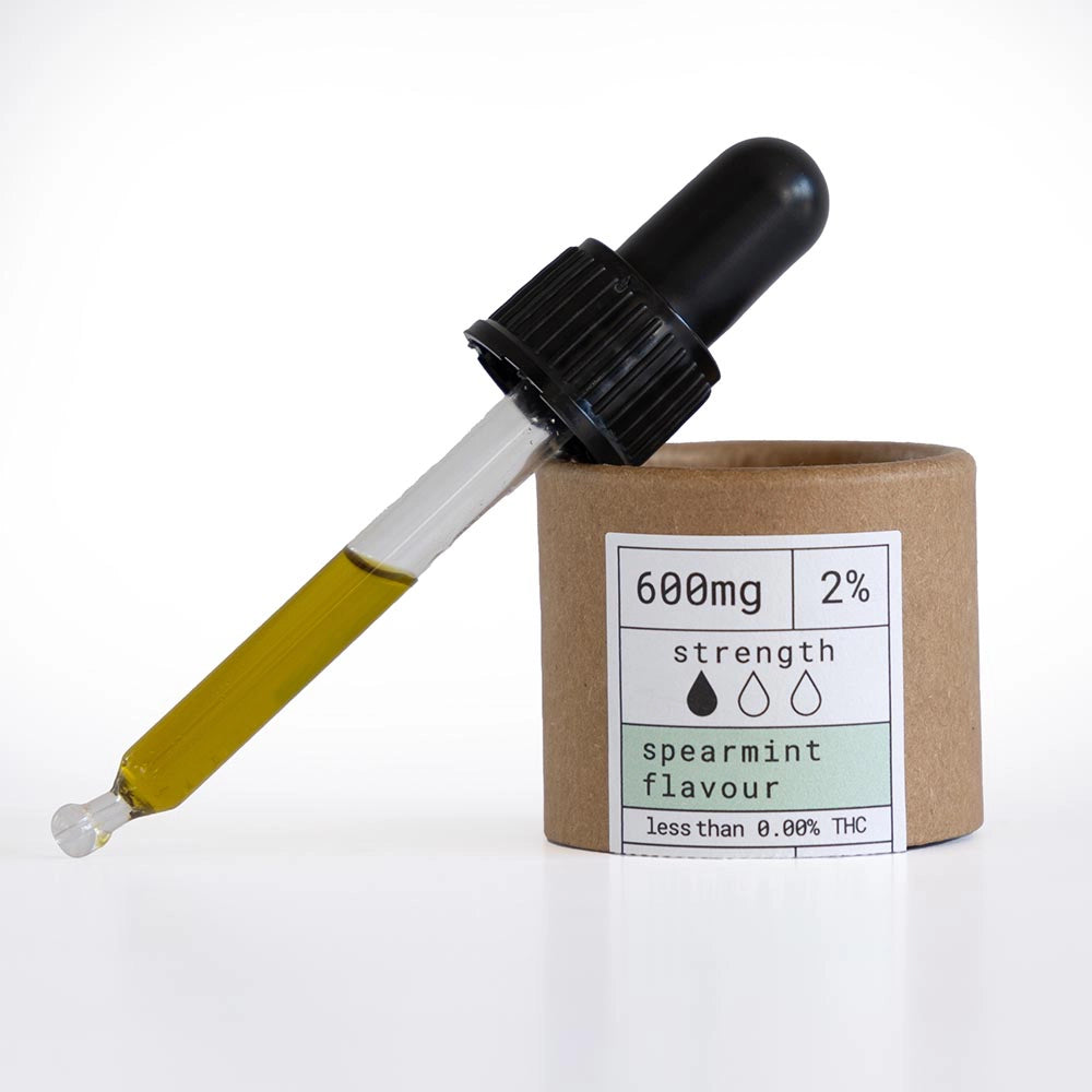 A pipette containing CBD oil leaning on the lid of the delivery/product packaging