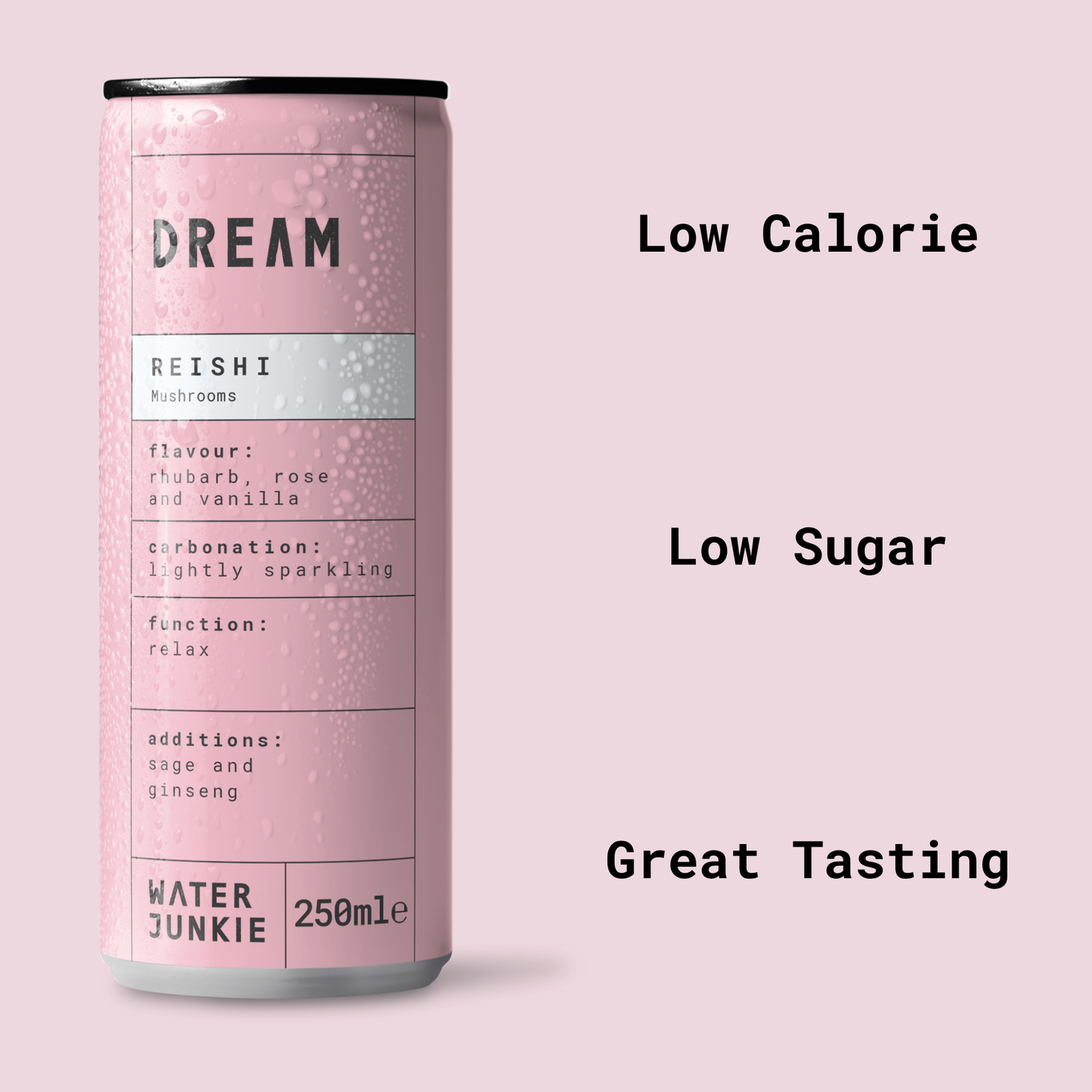 A front view of the 'Dream' Reishi drink with product benefits listed alongside the can