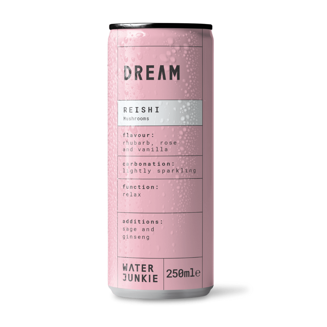 A front view of 'dream,' Water Junkie's Reishi Mushroom drink in rhubarb, rose and vanilla