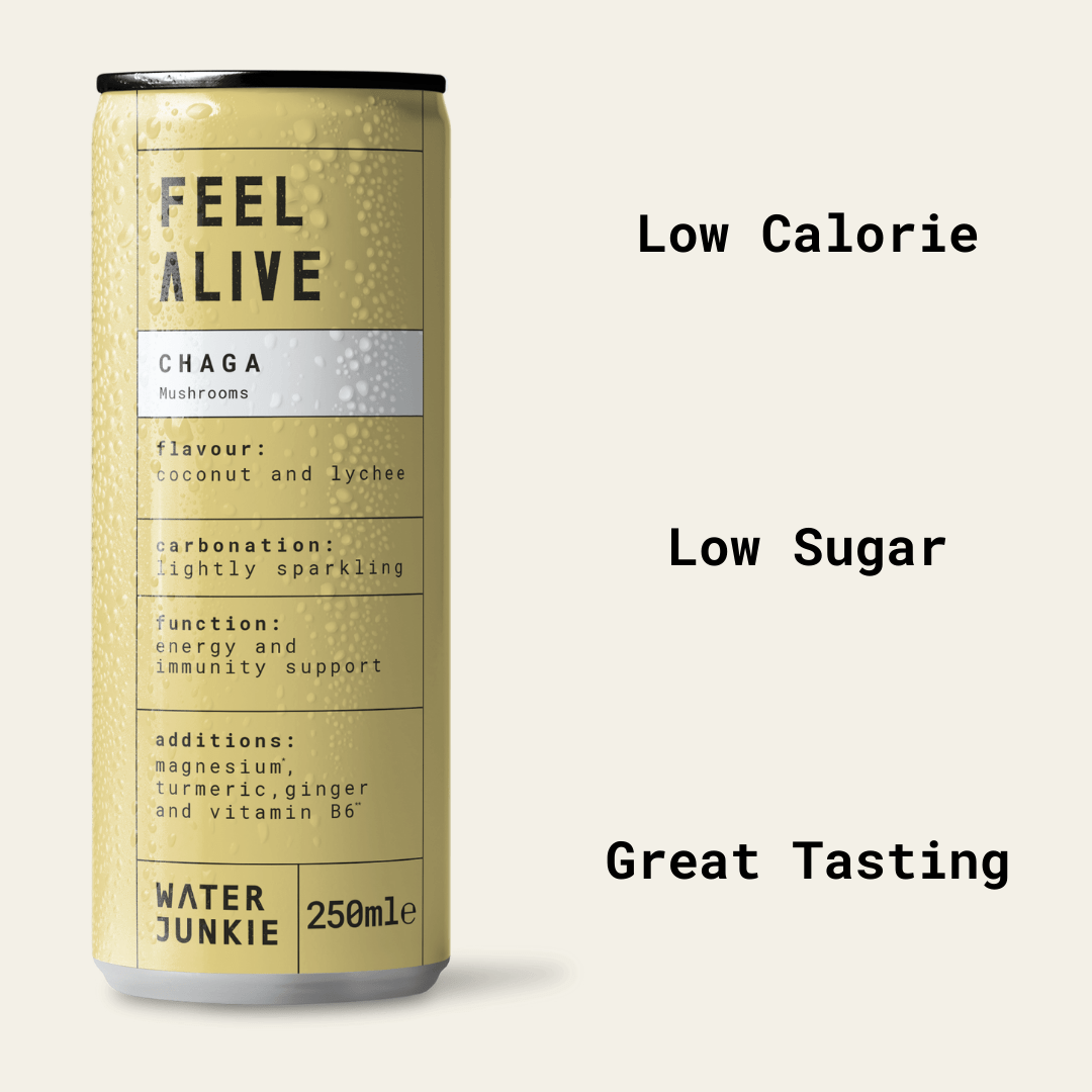 Can of 'Feel Alive' Chaga drink with text highlighting benefits on a white background