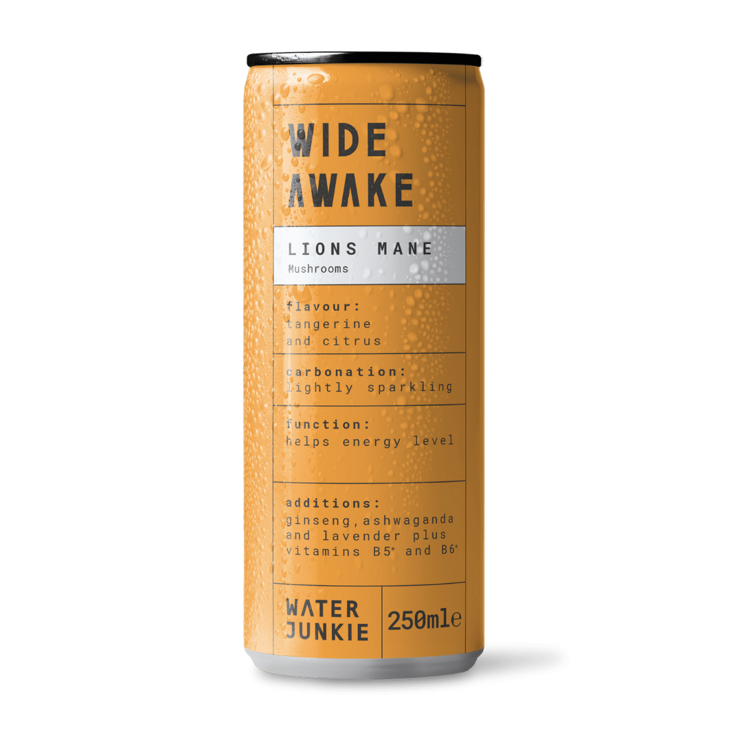 A front view of 'Wide Awake,' Water Junkie's Lions Mane Mushroom drink in tangerine and citrus flavour