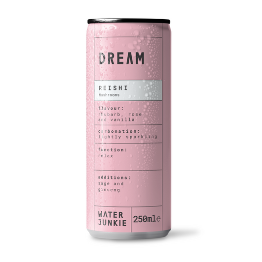 A front view of Water Junkie's Reishi Mushroom drink named 'dream'