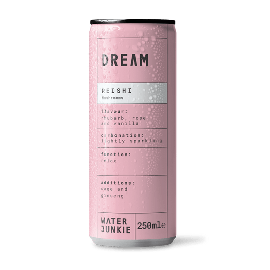 A front view of 'dream,' Water Junkie's Reishi Mushroom drink in rhubarb, rose and vanilla