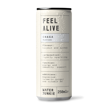 A front view of 'feel alive,' Water Junkie's Chaga Mushroom drink in coconut and lychee flavour