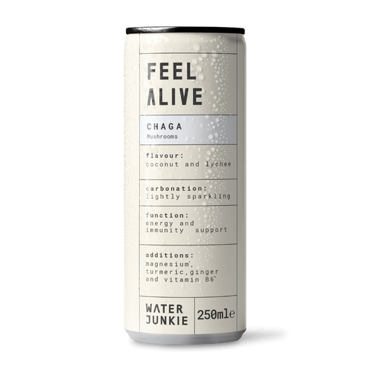 A front view of 'feel alive,' Water Junkie's Chaga Mushroom drink in coconut and lychee flavour