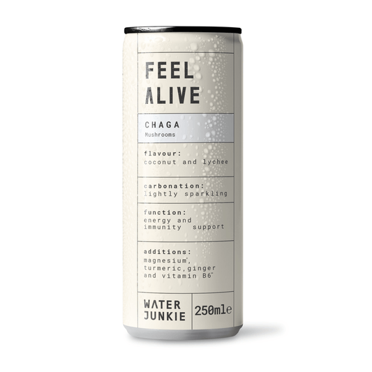 A front view of Water Junkie's Chaga Mushroom drink named 'feel alive'