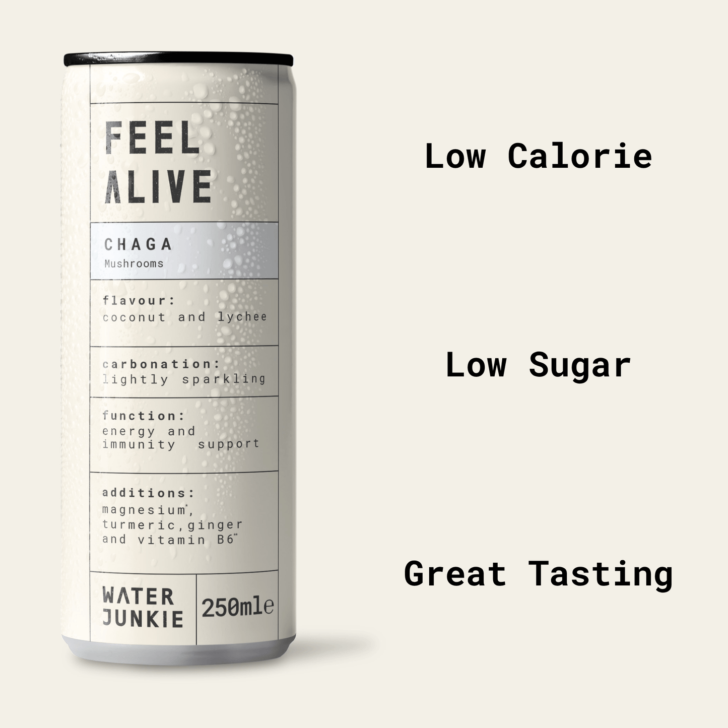 A front view of the 'Feel Alive' Chaga drink with product benefits listed alongside the can