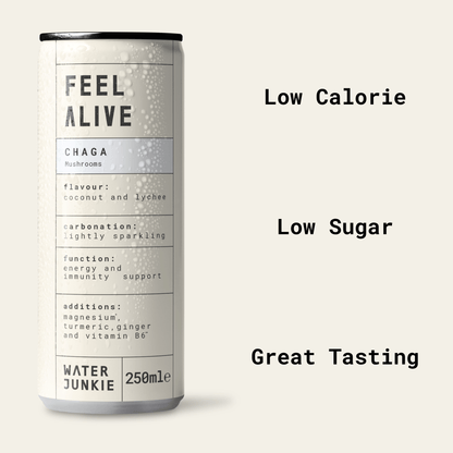 A front view of the 'Feel Alive' Chaga drink with product benefits listed alongside the can