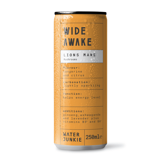 A front view of Water Junkie's Lions Mane Mushroom drink named 'wide awake'